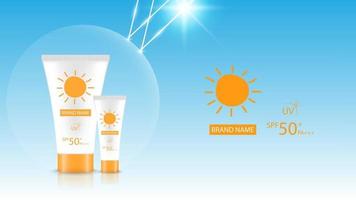 Sunblock product design mockup, cosmetic advertisement design, vector illustration