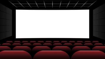 Cinema movie theater with blank screen and red seats, vector illustration