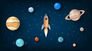 Rocket flying into ther universe with solar system planets, vector illustration