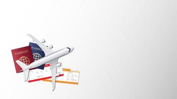 avión, pasaporte y tarjeta de embarque en el fondo vacío con espacio para copiar texto, antecedentes de viaje, ilustración vectorial