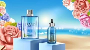 paquete de botella cosmética de lujo crema para el cuidado de la piel, cartel de producto cosmético de belleza, fondo rosa y playa vector