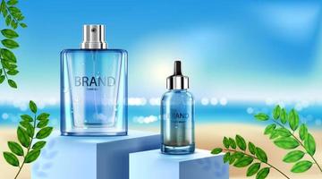 paquete de botella cosmética de lujo crema para el cuidado de la piel, cartel de producto cosmético de belleza, hojas y fondo de playa vector