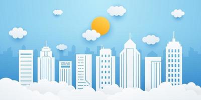 City landscape with building, clouds and sun on blue sky background. Cityscape in paper cut style. Vector illustration.