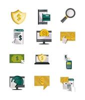 pagos en línea, dinero y tecnología financiera conjunto de iconos vector