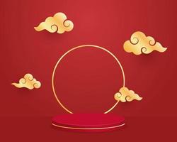 Empty cylinder podium with clouds on red background. Chinese new year concept. Minimal scene with geometric forms. Design for product presentation. 3d vector illustration.