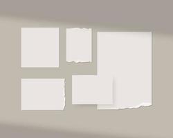 Mood board mockup template. Empty sheets of white paper on the wall with shadow overlay. Mockup vector isolated. Template design. Realistic vector illustration.