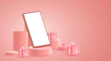 Minimalist mockup. Smartphone on Stage or podium for product presentation or showcase on Pink background. Vector Illustration.