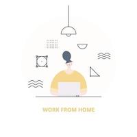 mujer que trabaja en la computadora portátil en casa. trabajar desde el concepto de hogar. mujer freelance, diseñadora que trabaja en casa. ilustración de estilo plano de vector. vector