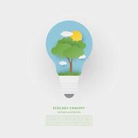 Ecology concept with light bulb, tree, sun, sky and clouds. Paper cut style. Vector illustration.