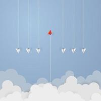 Business concept. Red paper leader airplane flying on blue sky of business teamwork and one different vision. Leader, New idea, boss, manager, winner concept, trend. Vector illustration