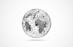 Global network connection. Currency coin. Money transfer. World map point and line composition concept of global business. Vector Illustration