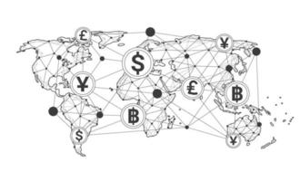 Global network connection. Currency coin. Money transfer. World map point and line composition concept of global business. Vector Illustration