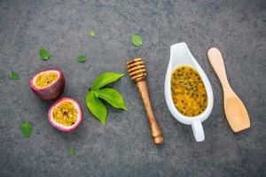 Fresh passion fruit juice in a dish photo