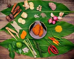 Top view of Thai ingredients on a leaf photo