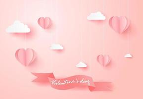 Feliz día de San Valentín tarjeta de felicitación con globos en forma de corazón sobre fondo rosa. vector