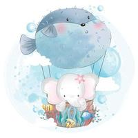 Cute elephant flying with balloon illustration
