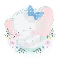 Cute elephant with floral illustration vector