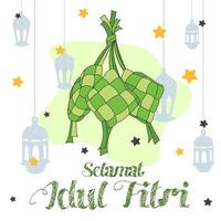 Ketupat Indonesian cuisine, with a flat illustration design style, with a beautiful Ramadan Kareem background. vector