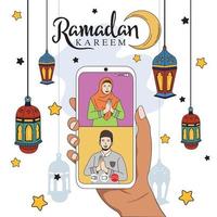 Ramadan Gathering via cellphone, with a flat illustration design style, with a beautiful Ramadan Kareem background. vector