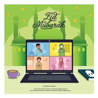 Ramadan Gathering via laptop, with a flat illustration design style, with a beautiful mosque background. vector