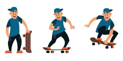 Skateboarder in different poses set vector