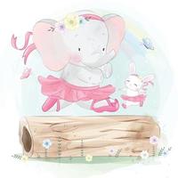 Cute elephant with bunny in ballet clothing illustration