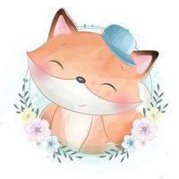 Cute foxy with floral illustration vector