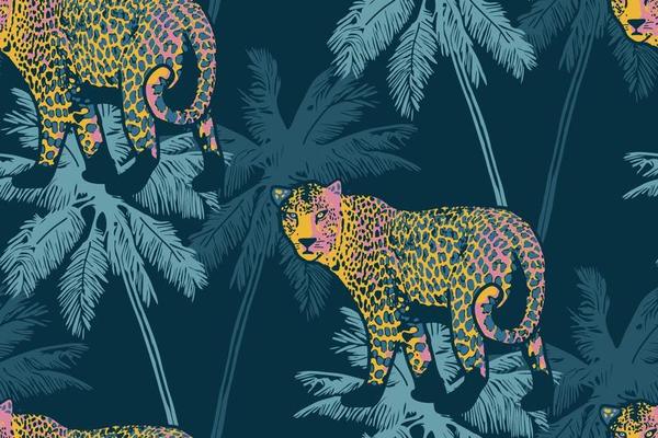 Tropical seamless pattern with palm trees and leopard.