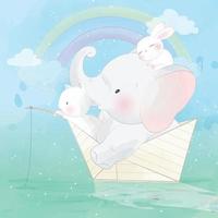 Cute elephant with cat on a boat illustration vector