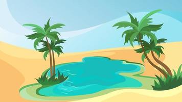 Lake with palm trees in desert. Beautiful natural landscape. vector