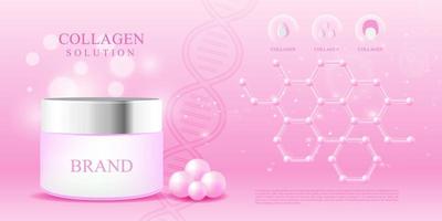 paquete cosmético 3d fondo de molécula de suero de colágeno rosa ilustración de vector de cuidado de la piel hialurónico de lujo
