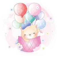Cute kitty flying with air balloon illustration vector