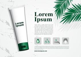 paquete cosmético 3d fondo de mármol blanco hoja verde orgánica con plantilla de diseño de vector de lavado de espuma de icono