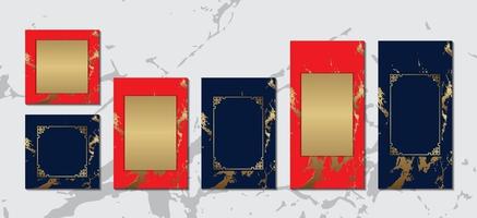 Tarjeta de felicitación china con marco dorado sobre fondo de mármol azul rojo colección de lujo para diseño de vector de mensaje de texto