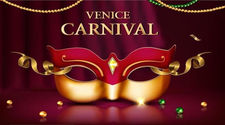 Venice carnival poster black ornate mask with diamonds and golden frame