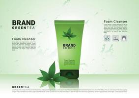 Green tea cleansing foam with soft background and 3d packgaging vector illustration