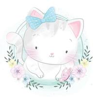 Cute kitty with floral illustration vector