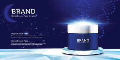 Cosmetic cream jar on the elegant stand with the night sky and moon background vector illustration