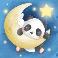 lindo panda con conejito en la luna ilustración vector