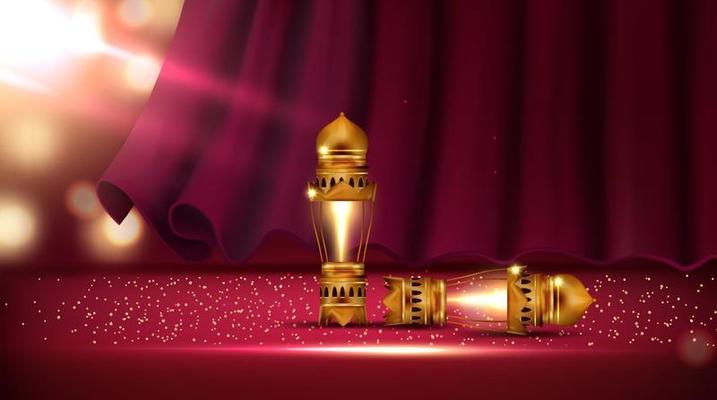 red curtain with lanterns in theater hall