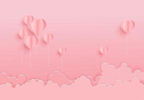 Concept of valentine day with paper art made hot air balloon heart shape float over on cloud. vector