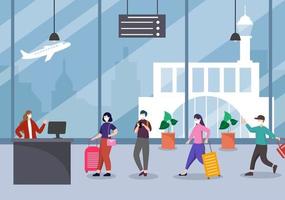 nuevo normal, ilustración vectorial, las personas con máscaras observan el distanciamiento social en el aeropuerto interior, la línea de facturación y el diseño plano de los viajes en cola vector