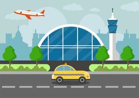 Airport Terminal Building with Aircraft Taking off and Different Transport Types Elements Templates Vector Illustration