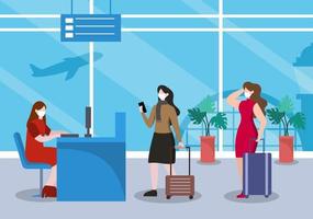 nuevo normal, ilustración vectorial, las personas con máscaras observan el distanciamiento social en el aeropuerto interior, la línea de facturación y el diseño plano de los viajes en cola vector