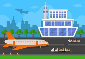 Airport Terminal Building with Aircraft Taking off and Different Transport Types Elements Templates Vector Illustration