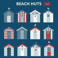 Set of colourful beach huts with seagull, flags on blue background. Vector illustration.