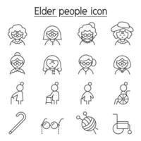 Elder woman, Grandmother icon set in thin line style vector