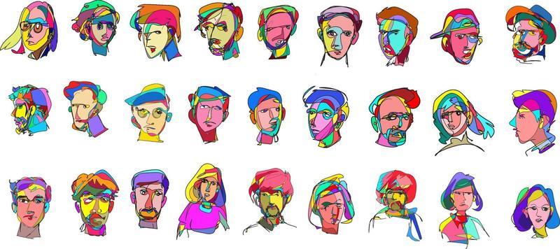 Illustration of colorful surreal abstract human heads in continuous line art drawing style
