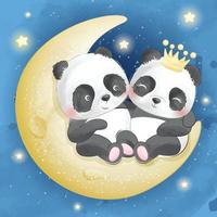 lindos pandas sentados en la ilustración de la luna vector