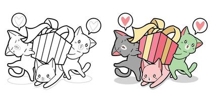 Kawaii cats are holding gift box cartoon coloring page for kids vector